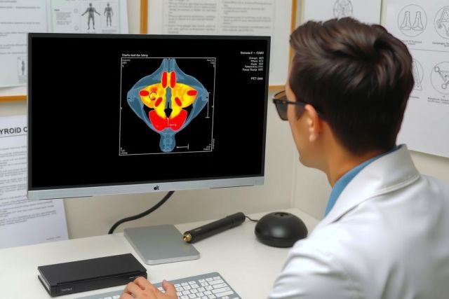 A medical professional, likely a radiologist or doctor, is shown in an office environment. The individual appears to be focused on a computer monitor displaying a 3D model of a human body section, possibly related to cancer detection or treatment planning. The office setup suggests a modern and well-equipped medical setting with various posters and documents visible in the background.
