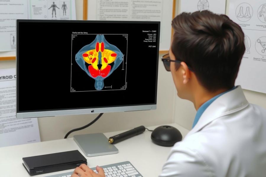 A medical professional, likely a radiologist or doctor, is shown in an office environment. The individual appears to be focused on a computer monitor displaying a 3D model of a human body section, possibly related to cancer detection or treatment planning. The office setup suggests a modern and well-equipped medical setting with various posters and documents visible in the background.