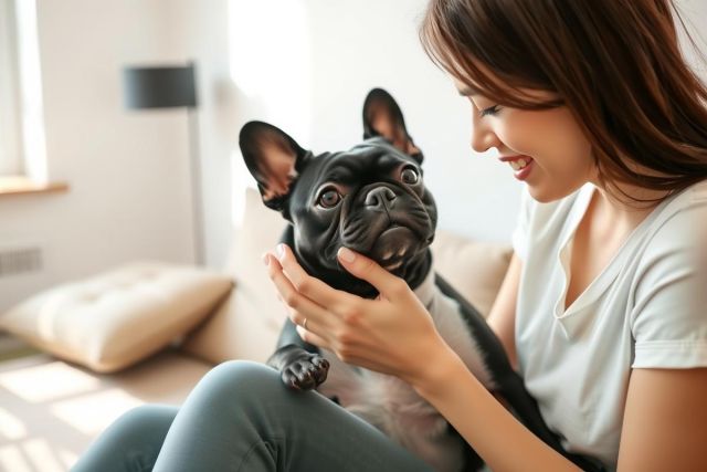 A person lovingly pets a black and white dog on a comfortable couch indoors. The atmosphere is warm and welcoming with natural light. A relaxed and happy moment with your pet.