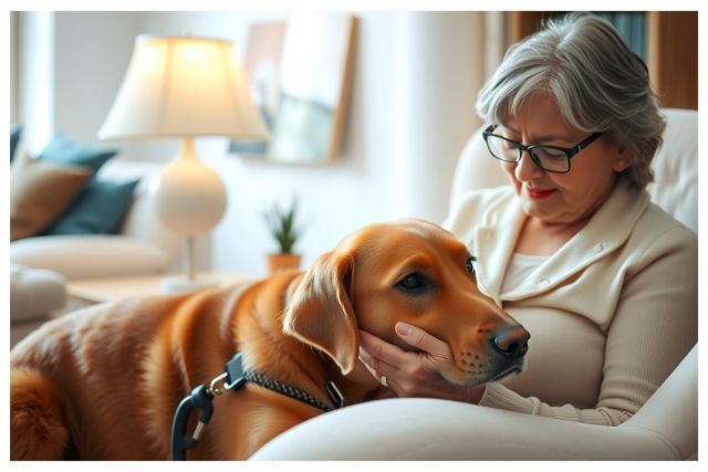 A golden retriever lies comfortably on a white sofa next to a woman wearing glasses. The scene showcases a cozy indoor setting with warm lighting and a sense of peaceful companionship.