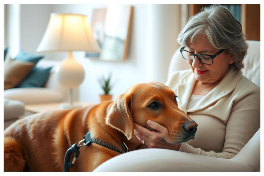 A golden retriever lies comfortably on a white sofa next to a woman wearing glasses. The scene showcases a cozy indoor setting with warm lighting and a sense of peaceful companionship.