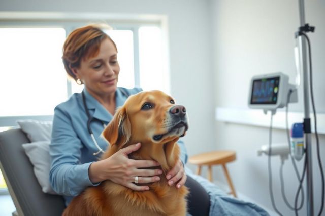 Veterinarian examining a golden retriever dog on an examination table in a clinic. Blue scrubs, warm lighting, and a focused interaction create a comforting atmosphere.