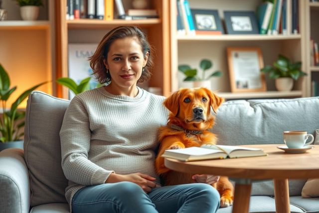 The image shows a woman sitting on a couch with her golden retriever dog. She is holding the dog's collar and appears to be reading a book, surrounded by various decorative items such as potted plants, framed pictures, and books.