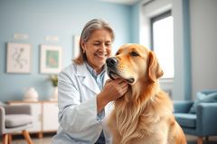 A smiling female veterinarian in a white coat interacts with a golden retriever in a bright, blue-toned room. The image depicts animal care, veterinary medicine, and a heartwarming connection between a person and their pet. Warm golden tones contrast with the cool blue background.