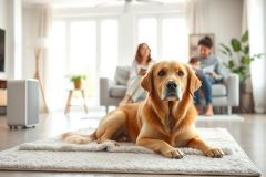Golden retriever lounging on a rug in a bright, modern living room. A family relaxes in the background. Warm tones and natural light create a cozy, domestic scene featuring a happy dog and comfortable home environment. Perfect for pet lovers and interior design inspiration.