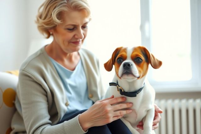 A woman gently pets a cute white and brown dog while sitting on a couch in a bright, cozy living room. The scene conveys warmth and companionship.