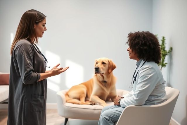 Veterinarian consults with a dog owner in a modern clinic. A golden Labrador Retriever rests between the two, as a healthcare professional discusses the dog's health. Blue and neutral tones create a calm, professional setting. Pet care and animal health concepts are present.
