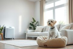 Cute white fluffy dog sits comfortably on a beige pet bed in a bright, modern living room. Natural light streams through a window, highlighting a cozy interior with a sofa, plants, and neutral color palette. Home decor, pet lifestyle, and comfortable living space.