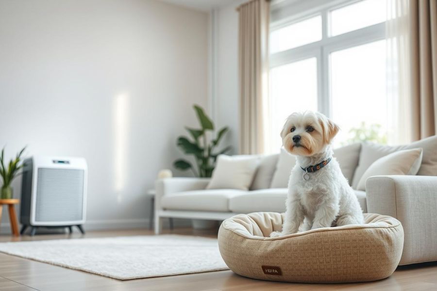 Cute white fluffy dog sits comfortably on a beige pet bed in a bright, modern living room. Natural light streams through a window, highlighting a cozy interior with a sofa, plants, and neutral color palette. Home decor, pet lifestyle, and comfortable living space.