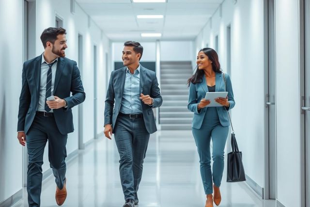 Three professionals in business attire walking down a modern, brightly lit office hallway. The scene features a diverse group – two men and one woman – smiling and engaged in conversation. Blue suits and a clean, minimalist environment create a professional and corporate atmosphere. Office, business, teamwork, modern, hallway.