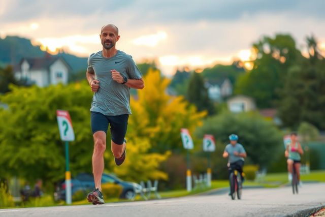 The image depicts a man jogging on a road during what appears to be sunset. The man is wearing athletic attire, indicating the photo was taken outdoors during evening hours. Other people are visible in the background also running or cycling.