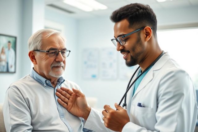 Doctor examining an elderly patient in a bright, modern clinic. A caring healthcare scene featuring a young male doctor with a stethoscope and a senior man wearing glasses. Focus on health checkup and patient care in a professional medical setting.