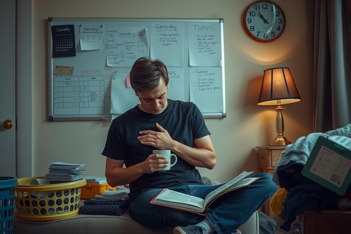 A man sitting in a room with a laptop on his lap, reading a book. The environment suggests he's either working or studying. A clock and notepad are visible in the background.