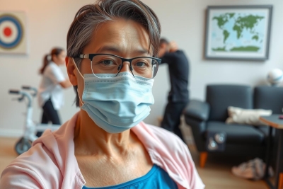 A woman wearing a surgical mask indoors, sitting and looking directly at the camera. Behind her are two healthcare workers standing in a room with medical equipment.