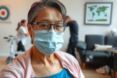 A woman wearing a surgical mask indoors, sitting and looking directly at the camera. Behind her are two healthcare workers standing in a room with medical equipment.