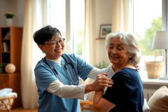 A healthcare worker in a blue uniform examines an elderly woman at home. The scene conveys care and wellness in a bright, comfortable living room setting.  A warm, supportive interaction is evident.