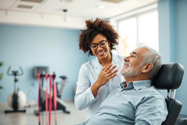 Physical therapy session. A smiling healthcare professional assists an elderly man in a bright, blue-toned rehabilitation clinic. Exercise equipment visible in background. Focus on patient care and senior wellness.