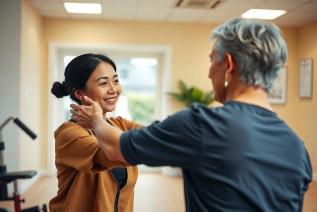 Two people interact in a brightly lit room. One person is touching the other's shoulder. The scene suggests a friendly or professional setting with warm tones and natural light.
