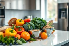 Healthy food arrangement on a kitchen counter. Vibrant colors of fresh produce including peppers, oranges, broccoli, kale, and grains. A focus on nutritious ingredients and a clean, modern kitchen setting. Ideal for healthy eating and food photography themes.