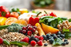 Fresh produce assortment on a wooden surface. Includes berries, oranges, carrots, spinach, broccoli, and chickpeas. Healthy food, vibrant colors, and natural ingredients for a balanced diet.