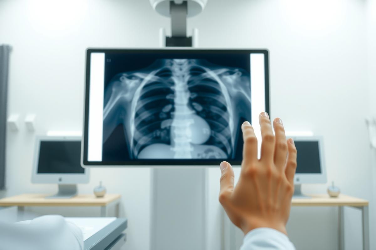 Medical professional views a chest X-ray on a monitor in a hospital setting. Diagnostic imaging, healthcare, radiology, and patient care are key themes. Black and white image with a focus on anatomical detail.
