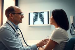 Doctor discussing medical imaging results with patient in clinic. Healthcare professional examining X-ray with concerned expression. White coat, medical setting, patient consultation.
