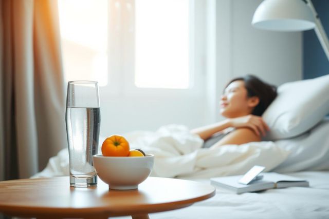 Woman relaxing in bed with a bowl of fruit, a glass of water, and a laptop on a side table. Cozy bedroom setting with warm lighting and a sense of calm.