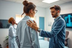 Doctor examining patient in a medical office. Male doctor with a reassuring gesture towards a female patient, both wearing lab coats. Medical equipment and an X-ray are visible in the background. Professional healthcare setting.