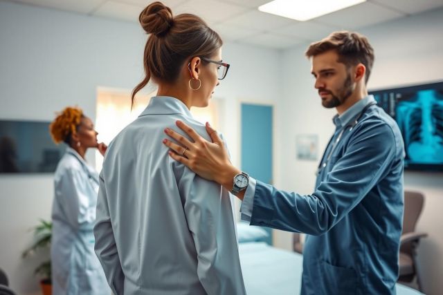 Doctor examining patient in a medical office. Male doctor with a reassuring gesture towards a female patient, both wearing lab coats. Medical equipment and an X-ray are visible in the background. Professional healthcare setting.