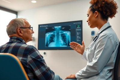 Doctor discusses X-ray results with a patient in a medical examination room. Focus on healthcare, diagnostics, and patient care. Light and airy environment.