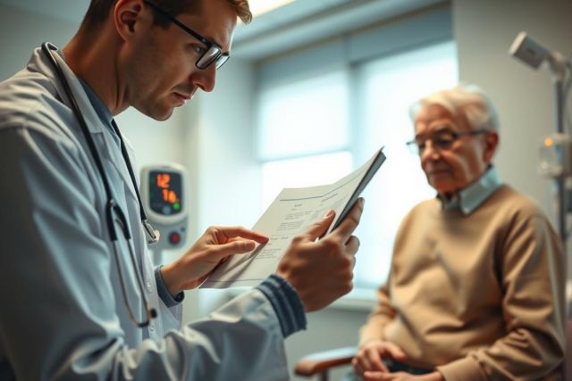 Doctor examining patient's medical records in a clinical setting. Healthcare professional in white coat, patient seated, bright environment, focus on medical care and diagnosis.