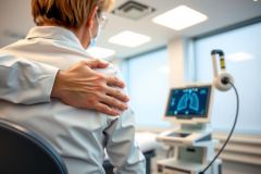 Doctor examining a medical scan on a screen in a clinic. Focus on diagnostic imaging, healthcare, and medical technology. Clinical setting with a professional environment.