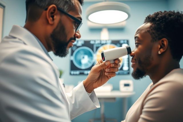 Doctor examining patient's eye with ophthalmoscope in a medical clinic. Blue walls and bright lighting create a professional healthcare setting. Focus on eye health and medical examination.