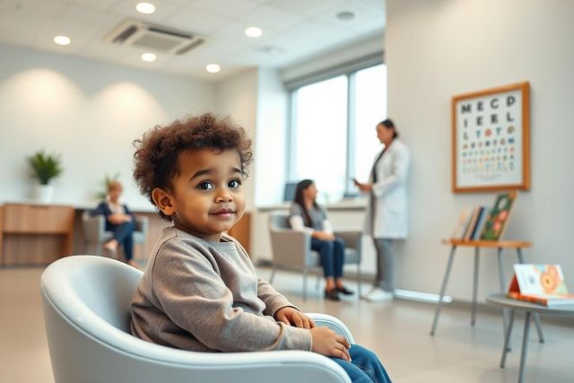 Adorable young Black child sits in a modern, bright waiting room at an eye doctor's office. Soft neutral colors, a vision chart, and other patients in the background create a healthcare setting. Focus is on the child's smiling face. Pediatric eye care, child's health, waiting room scene.