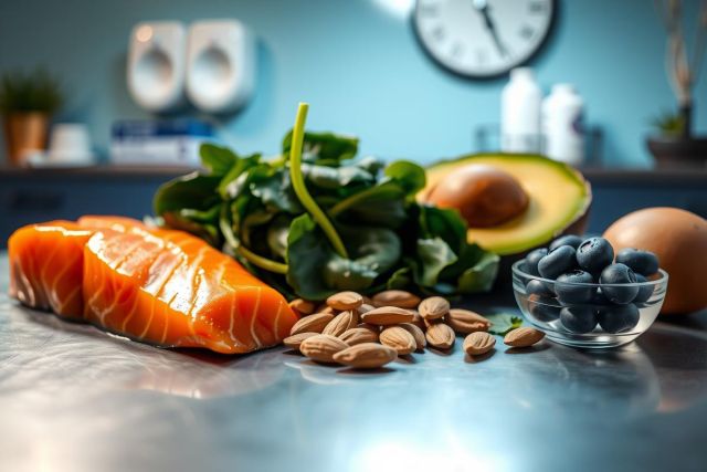 Healthy food arrangement with salmon, avocado, blueberries, lettuce, and almonds on a metallic surface. Vibrant colors and a focus on nutritious ingredients.