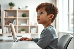 Young boy using a laptop at a desk in a bright, modern room. Focused on screen, possibly learning or playing. Neutral color palette with wood shelving in the background. Image depicts childhood, education, technology, and home learning.