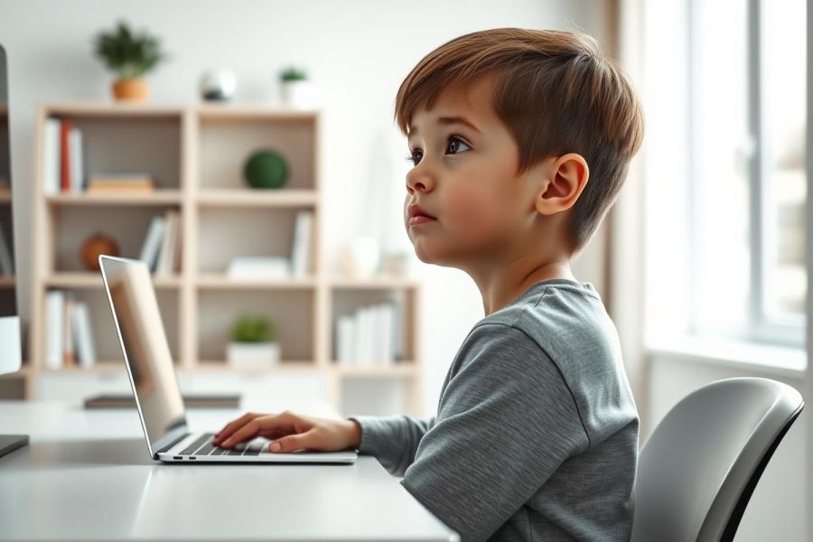 Young boy using a laptop at a desk in a bright, modern room. Focused on screen, possibly learning or playing. Neutral color palette with wood shelving in the background. Image depicts childhood, education, technology, and home learning.