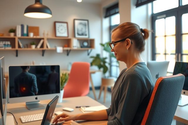 A woman in glasses is seated at a desk, working on her laptop. The office environment is modern and comfortable with shelves displaying books and artwork. There are plants adding a touch of green to the space.