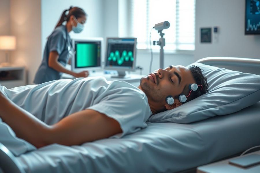 Patient undergoing sleep study with EEG monitoring. Healthcare setting, medical examination, diagnostic testing, sleep disorder analysis. Blue and white tones.