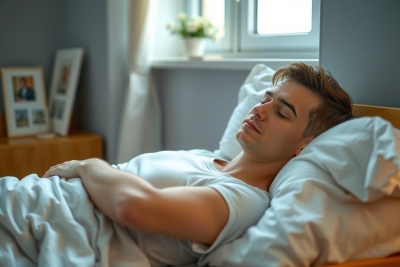 The image depicts a young man lying down in bed, with his eyes closed as if he is sleeping or resting. He has short brown hair and is wearing a white t-shirt.