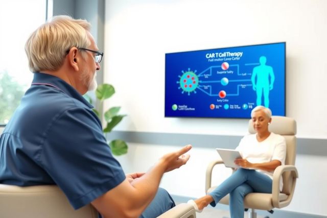 Doctor and patient discussing healthcare during a consultation. The scene takes place in a modern office with natural light and a digital display showing medical information.