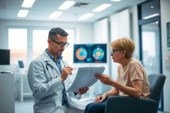 Doctor reviewing patient's medical report in a bright clinic setting. Healthcare professional consults with a female patient, showcasing medical examination and diagnostics.