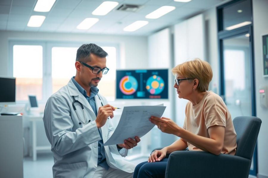 Doctor reviewing patient's medical report in a bright clinic setting. Healthcare professional consults with a female patient, showcasing medical examination and diagnostics.