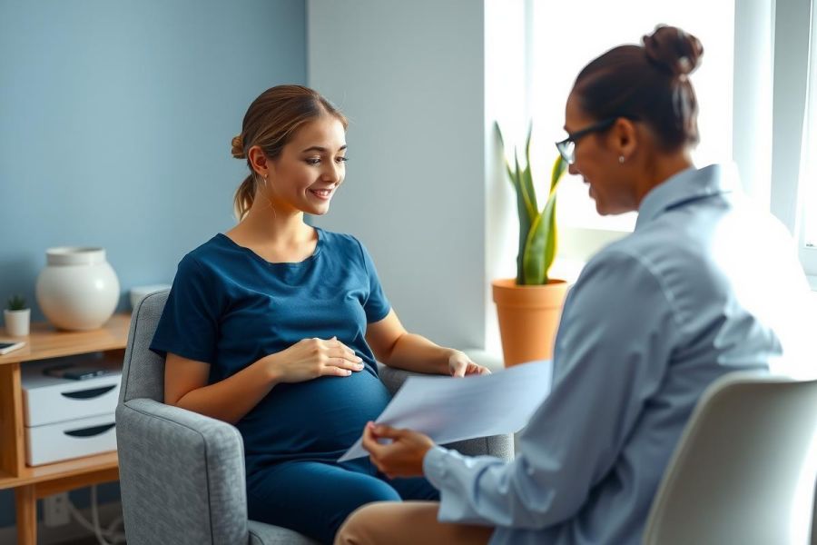 Pregnant woman in a consultation with a healthcare professional. The scene shows a modern office setting with natural light, focusing on prenatal care and wellbeing.