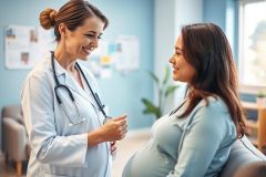 A smiling doctor in a white coat and stethoscope consults with a pregnant woman in a bright, light blue medical office. The scene conveys care, prenatal health, and a positive doctor-patient relationship. Focus on maternal healthcare and wellness.