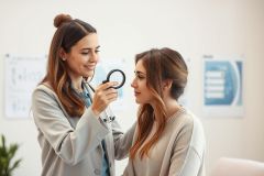 Optometrist performing an eye exam on a patient in a bright, modern clinic. A woman in a lab coat uses an eye chart to test vision. Healthcare, eye care, and medical examination concepts are depicted in this image with warm, neutral tones.