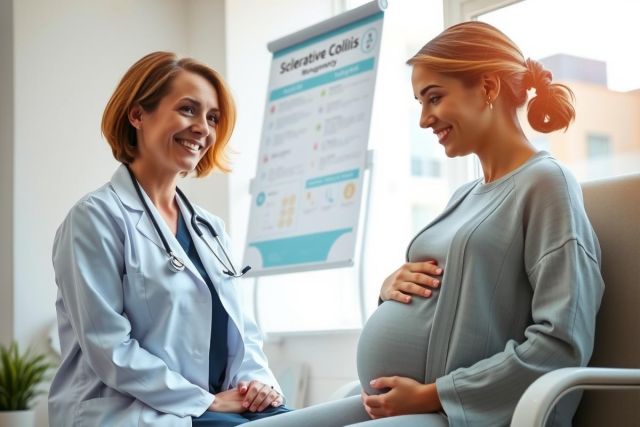 Doctor examining a pregnant woman during a prenatal checkup. Healthcare setting, blue scrubs, expectant mother, medical consultation.