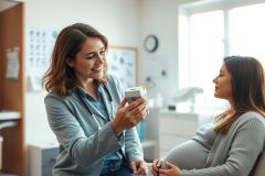 Pregnant woman at a doctor's appointment. A female doctor in a blue blazer and stethoscope examines a medical device with a smiling expectant mother in a bright, modern clinic setting. Focus on prenatal care, healthcare, and maternity wellness. Soft lighting and neutral tones.