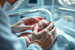 Close-up of a newborn baby in a neonatal incubator, receiving care from a medical professional. The scene features soft, muted tones of white, pink, and silver, highlighting the delicate nature of the infant. Focuses on healthcare, premature baby, and medical attention in a hospital setting.