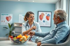 Doctor consults with a senior patient in a bright, modern clinic. A friendly healthcare scene featuring a female doctor shaking hands with an elderly man. Heart diagrams on the wall and a bowl of fruit suggest a focus on cardiology and healthy living. Blue and white color scheme.